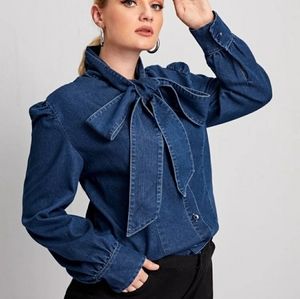 Shein Denim tie neck blouse
